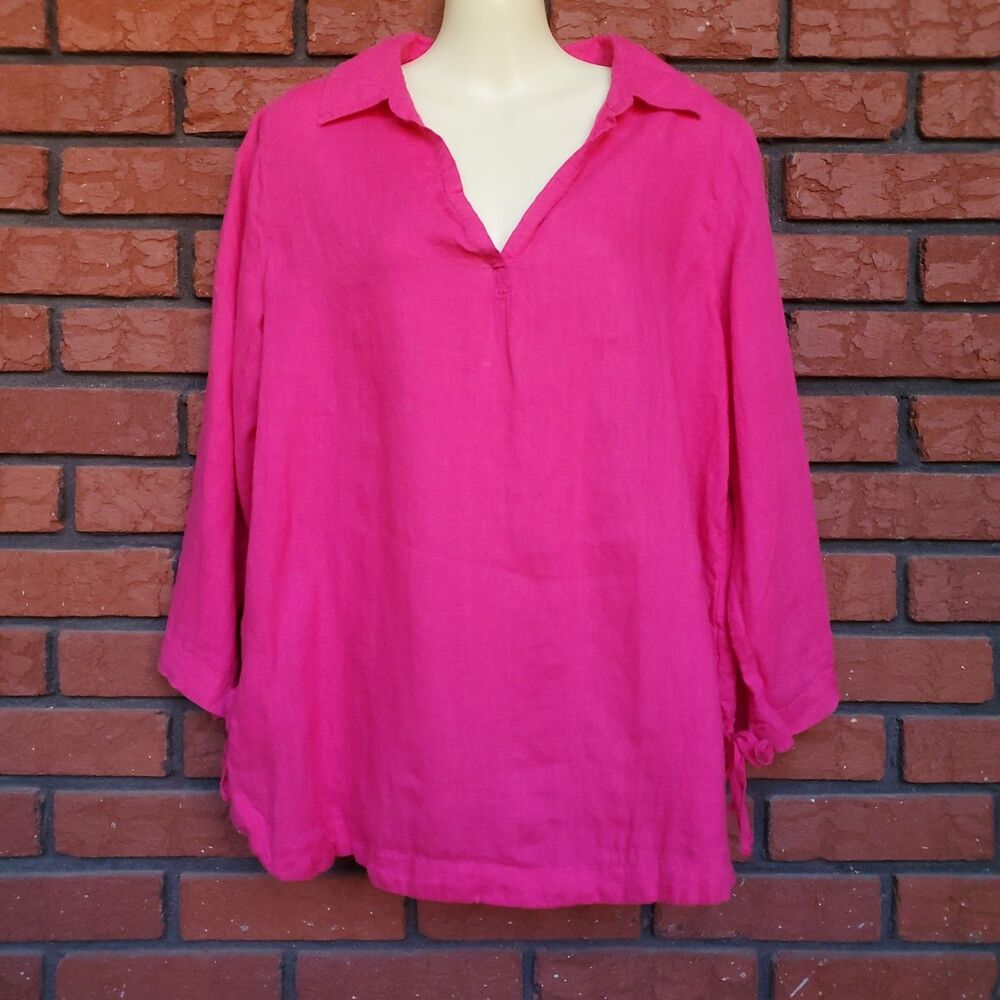 Isaac Mizrahi 100% Linen 3/4 Sleeve Popover Top Sz L Hot Pink Resort Vacation